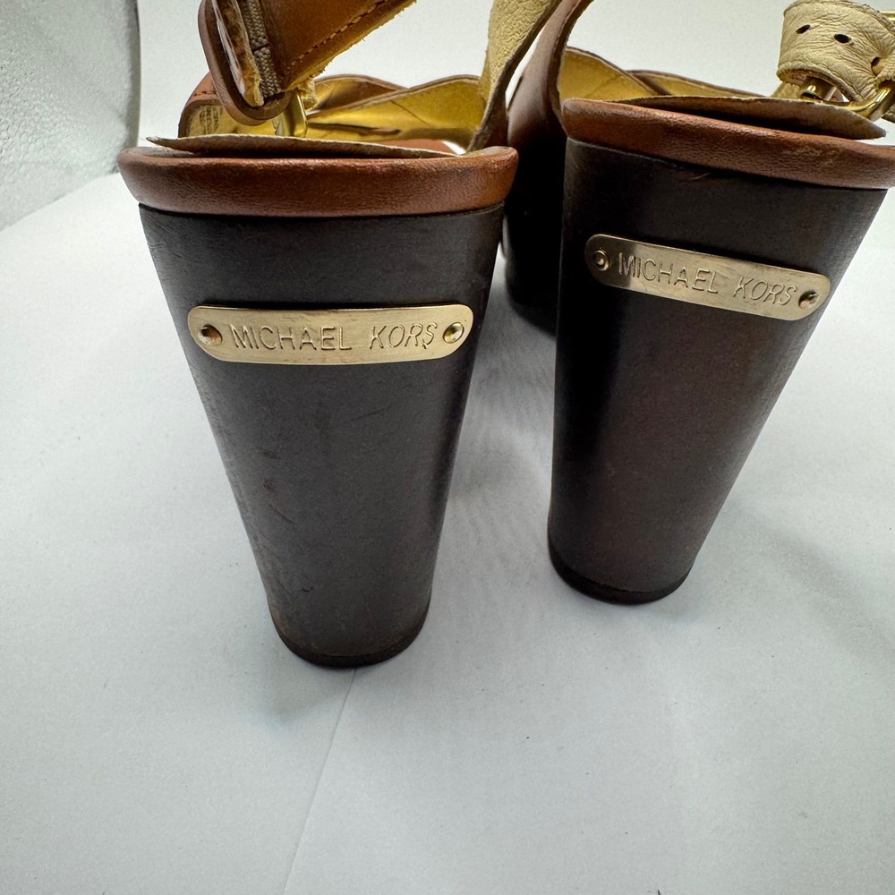 Michael Kors Tan Leather Platform Wedge Sandals Brown Studded Slingback 7.5M - Picture 6 of 7
